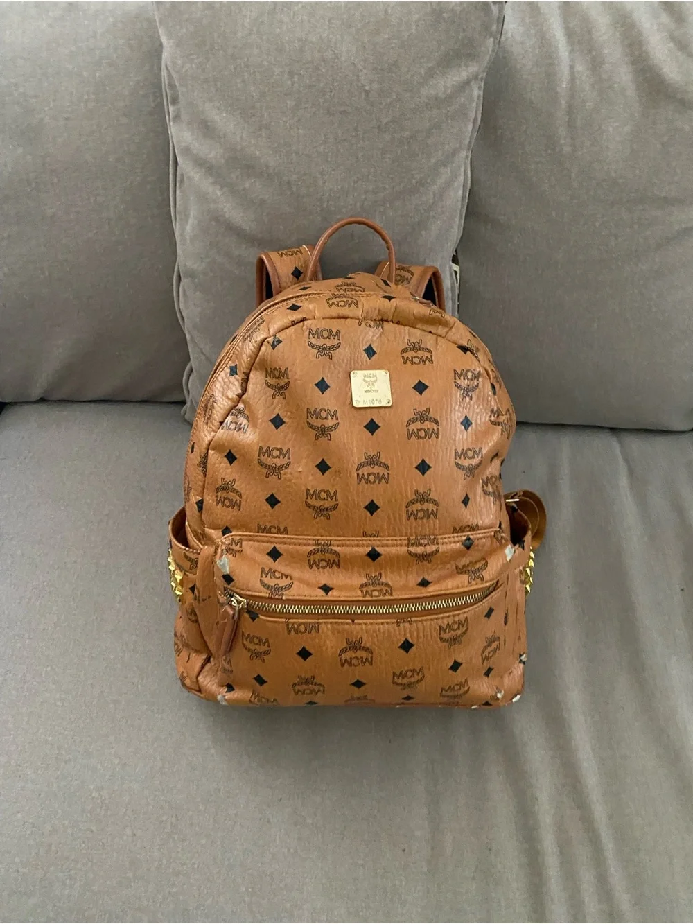 MCM Brown Visetos Logo Backpack with Gold Hardware